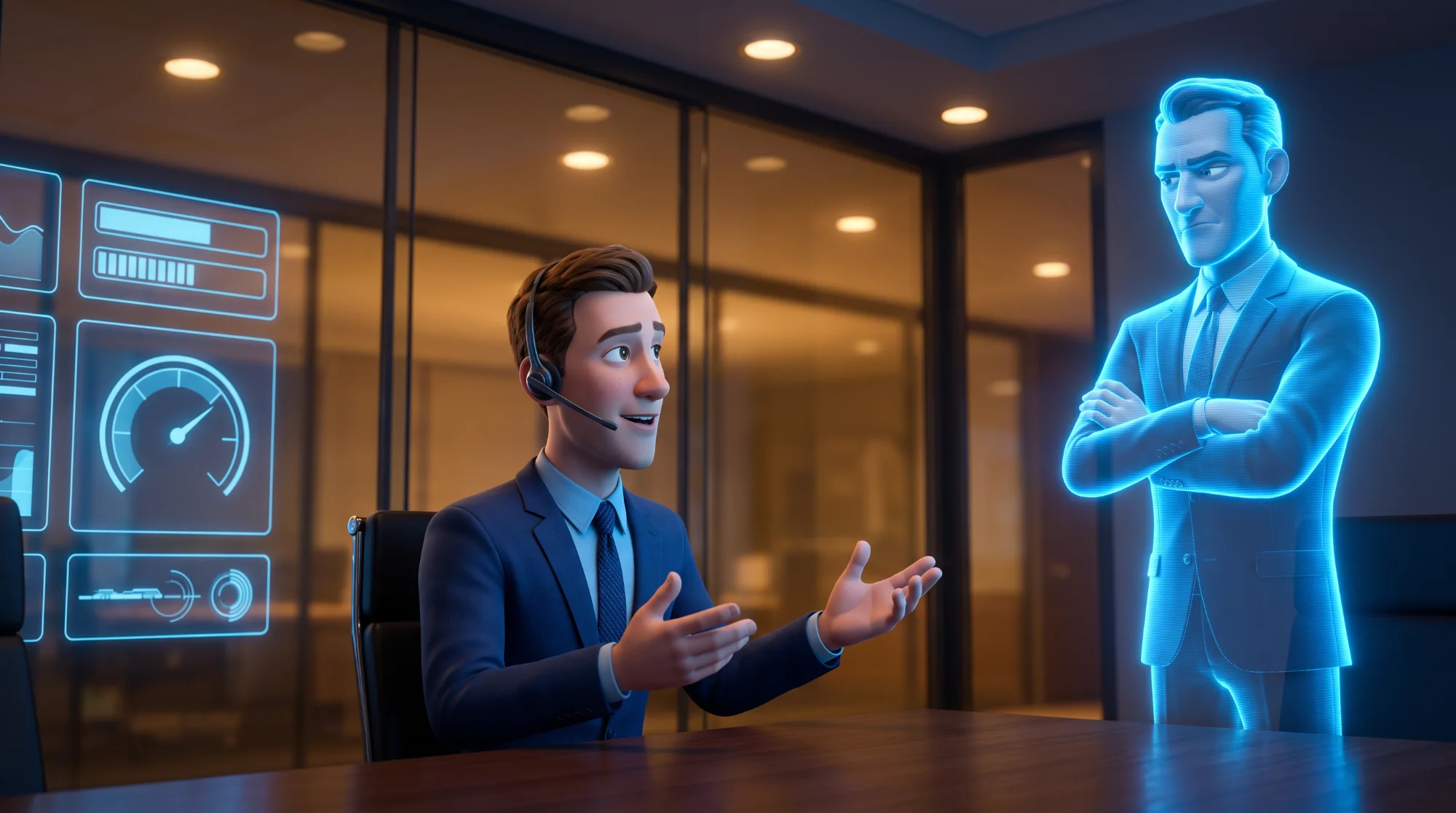 Comercial con auriculares practicando una reunión de ventas con un avatar de IA en la pantalla de su portátil