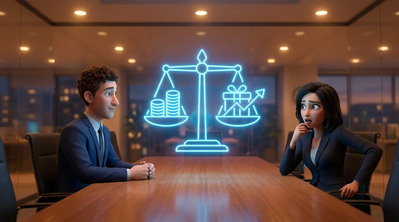 Ilustración 3D de un comercial y una clienta en una reunión, con un holograma azul de una balanza que equilibra precio y valor