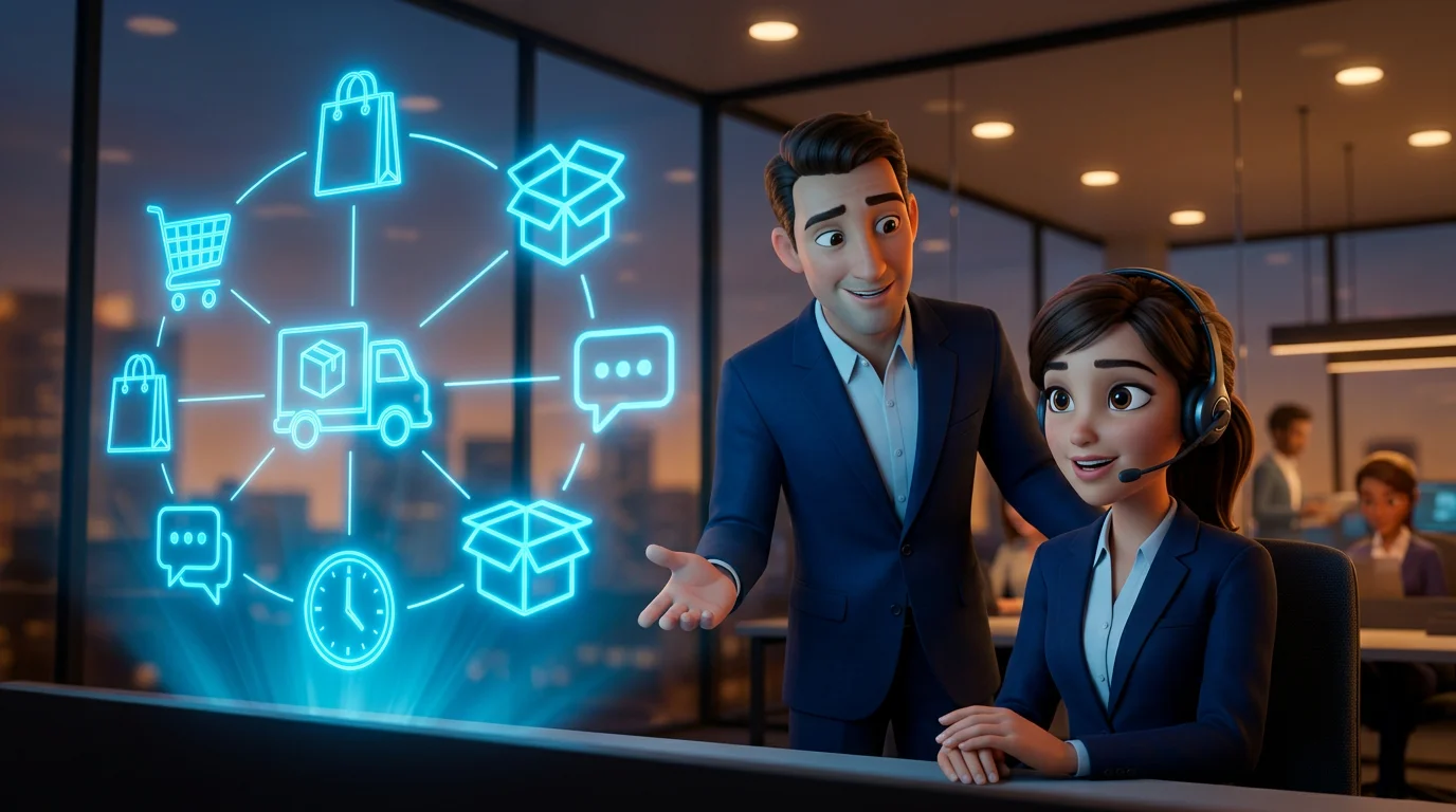 Ilustración 3D de una agente de atención al cliente con auriculares y su responsable, ante un holograma azul con bolsas de compra, un carrito y un camión de reparto