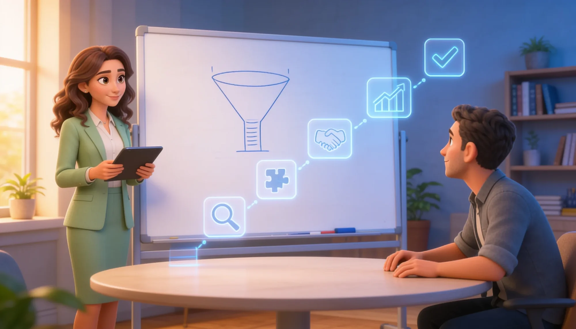 Illustration 3D d’une commerciale à l’écoute d’un client, avec un hologramme bleu de points d’interrogation qui se transforment en ampoule et en pièces de puzzle